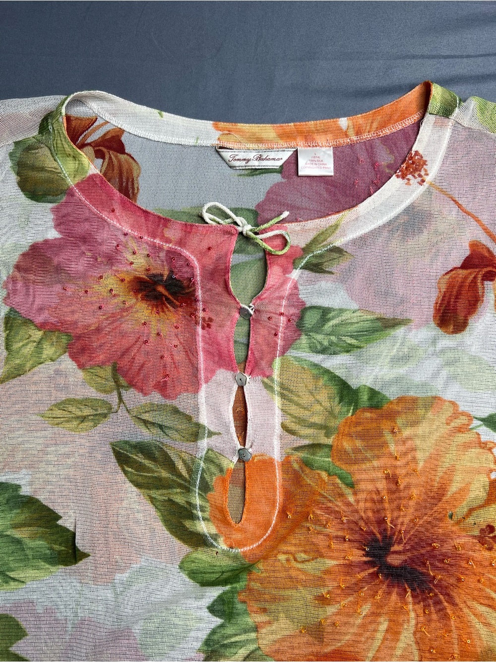 Tommy Bahama 100% Silk Hibiscus Floral Beaded Cover-Up Tunic Top Size L 12/14
